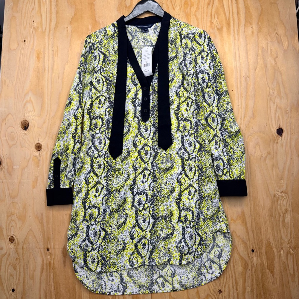 New French Connection Soho Boa Drape Dress Acid Blonde Snakeskin Tie Neck Tunic